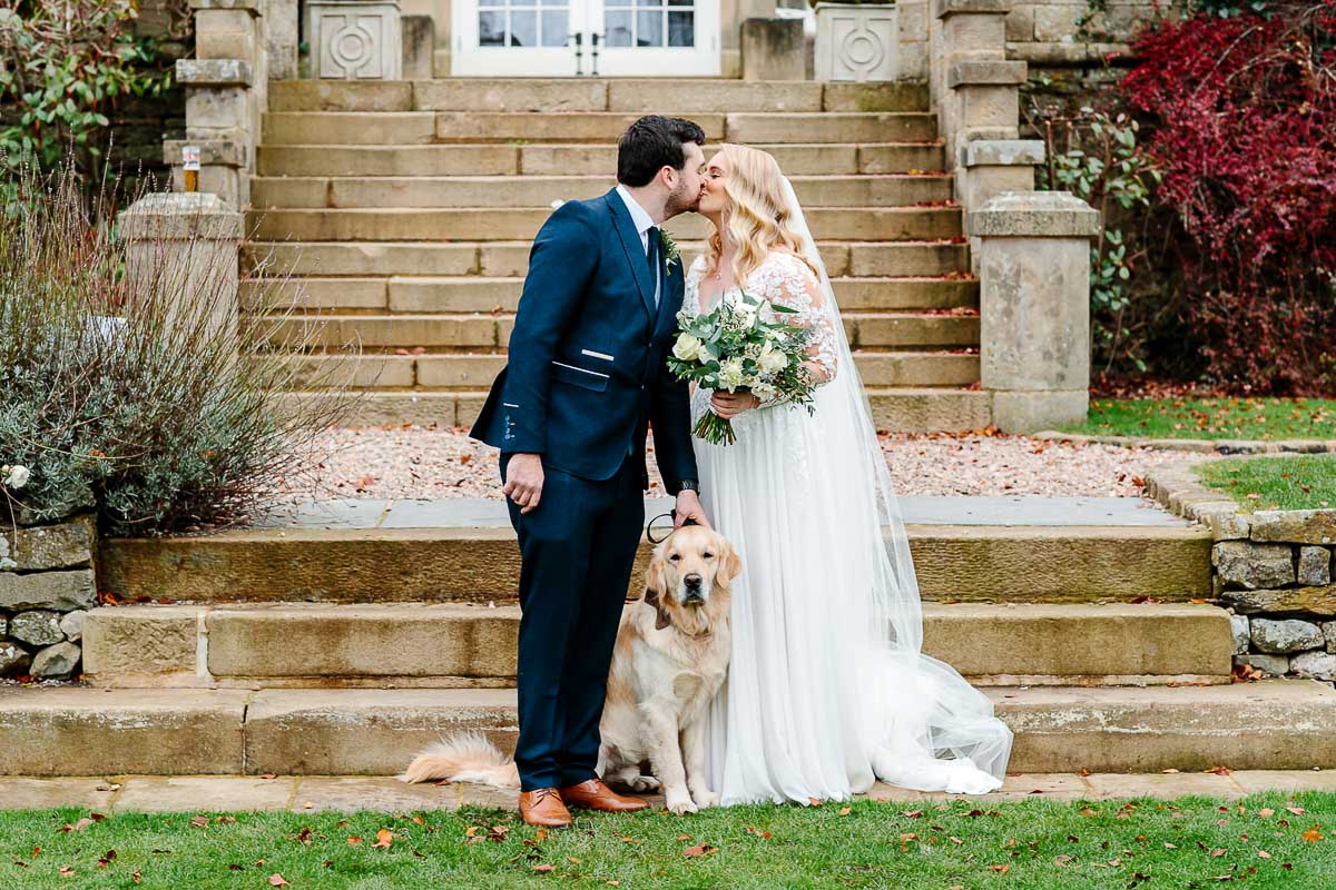 wedding dog bride groom portraits falcon manor winter venue