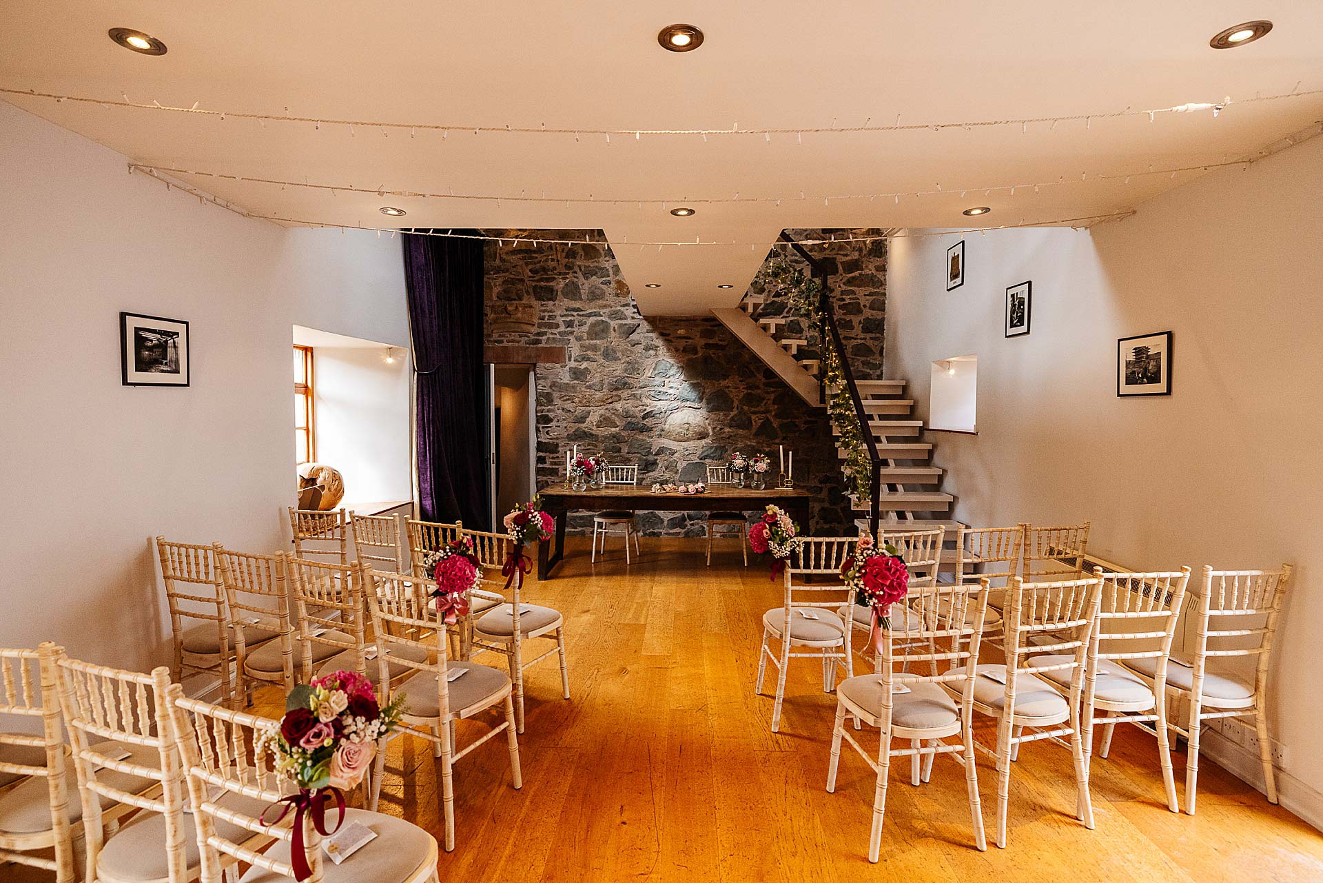 ceremony Aikwood tower Scotland wedding flowers guests 