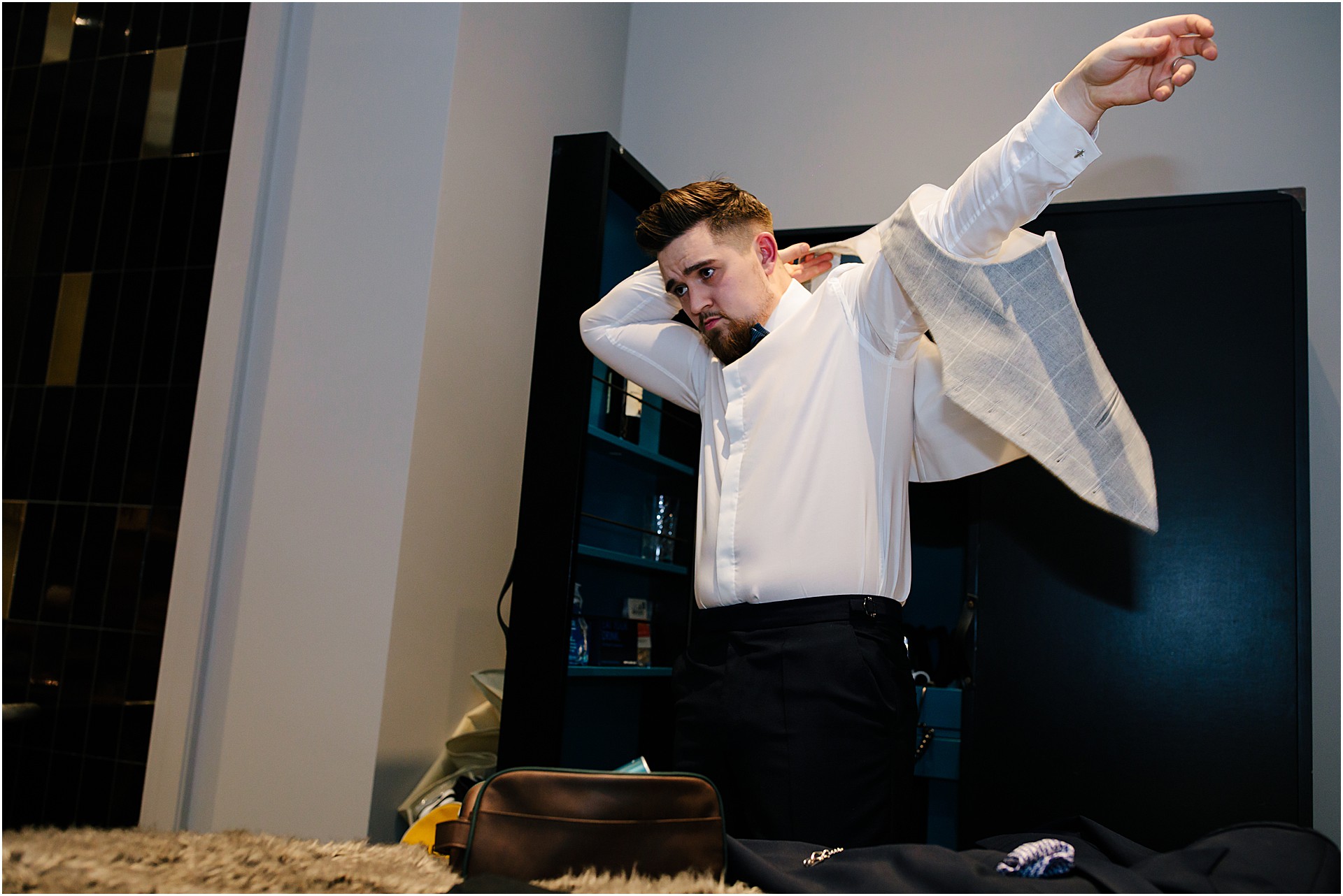 Manchester city wedding groom getting ready clothes 