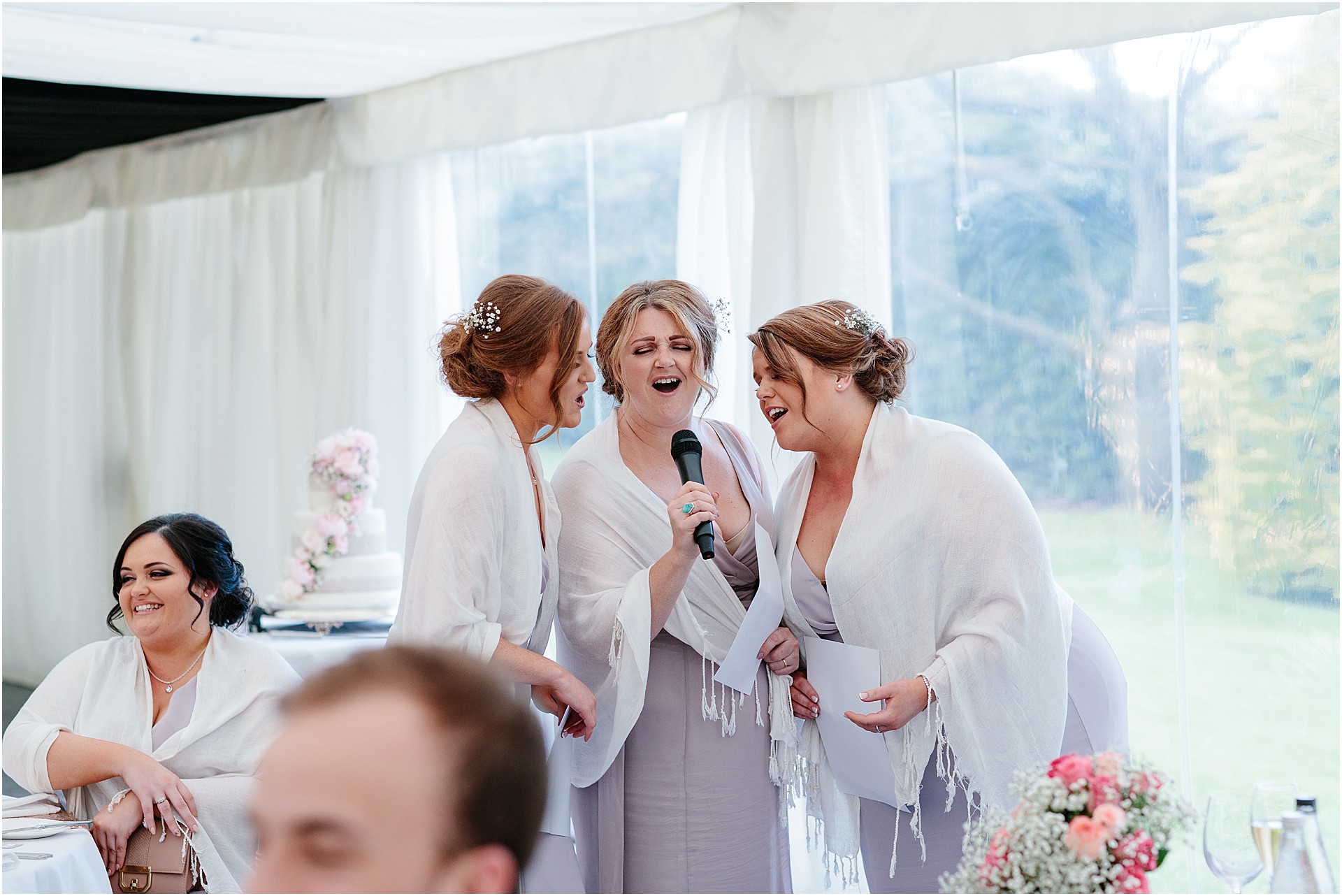 bridesmaids singing Soughton Hall Cheshire Wedding