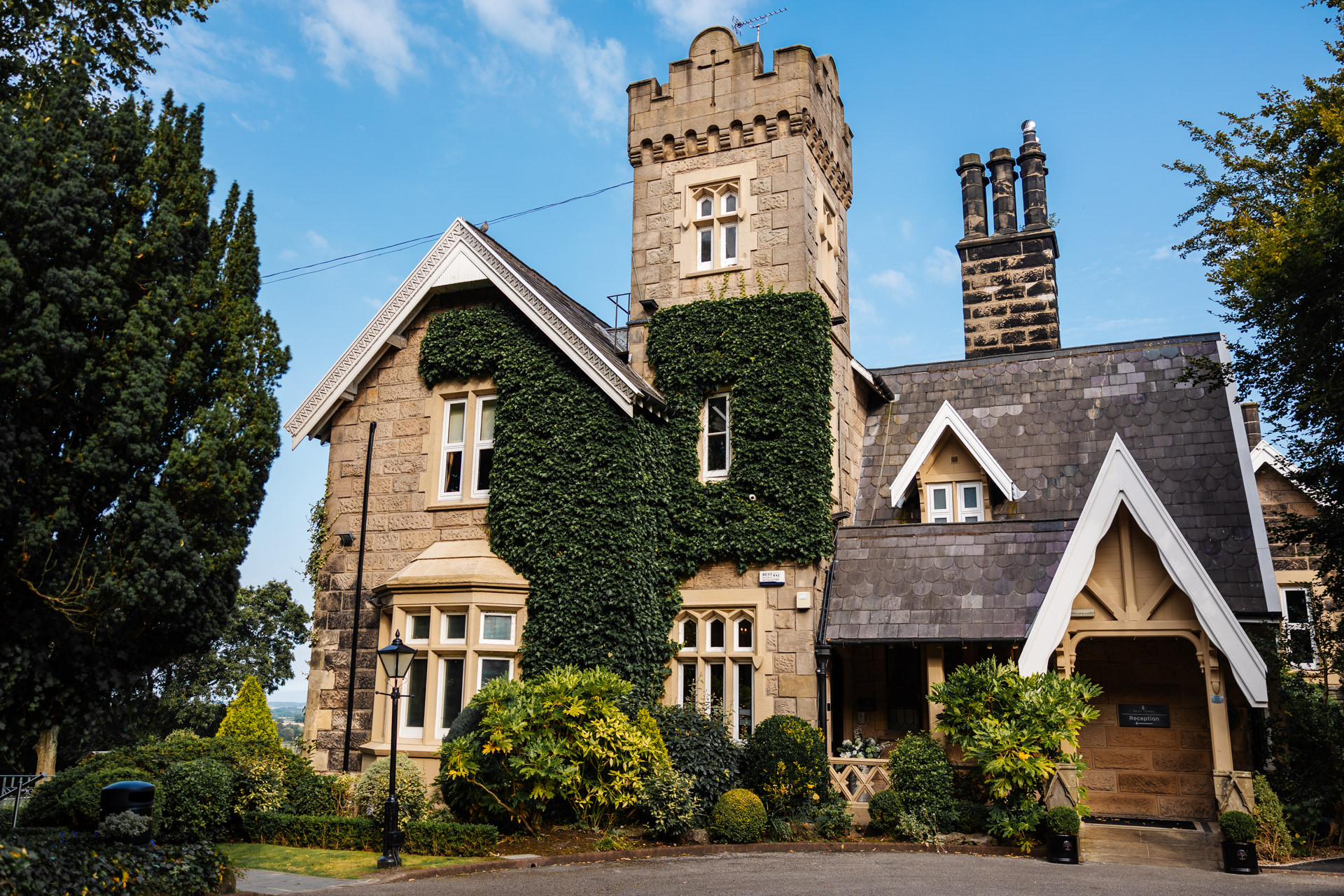 West Tower wedding venue with blue skys
