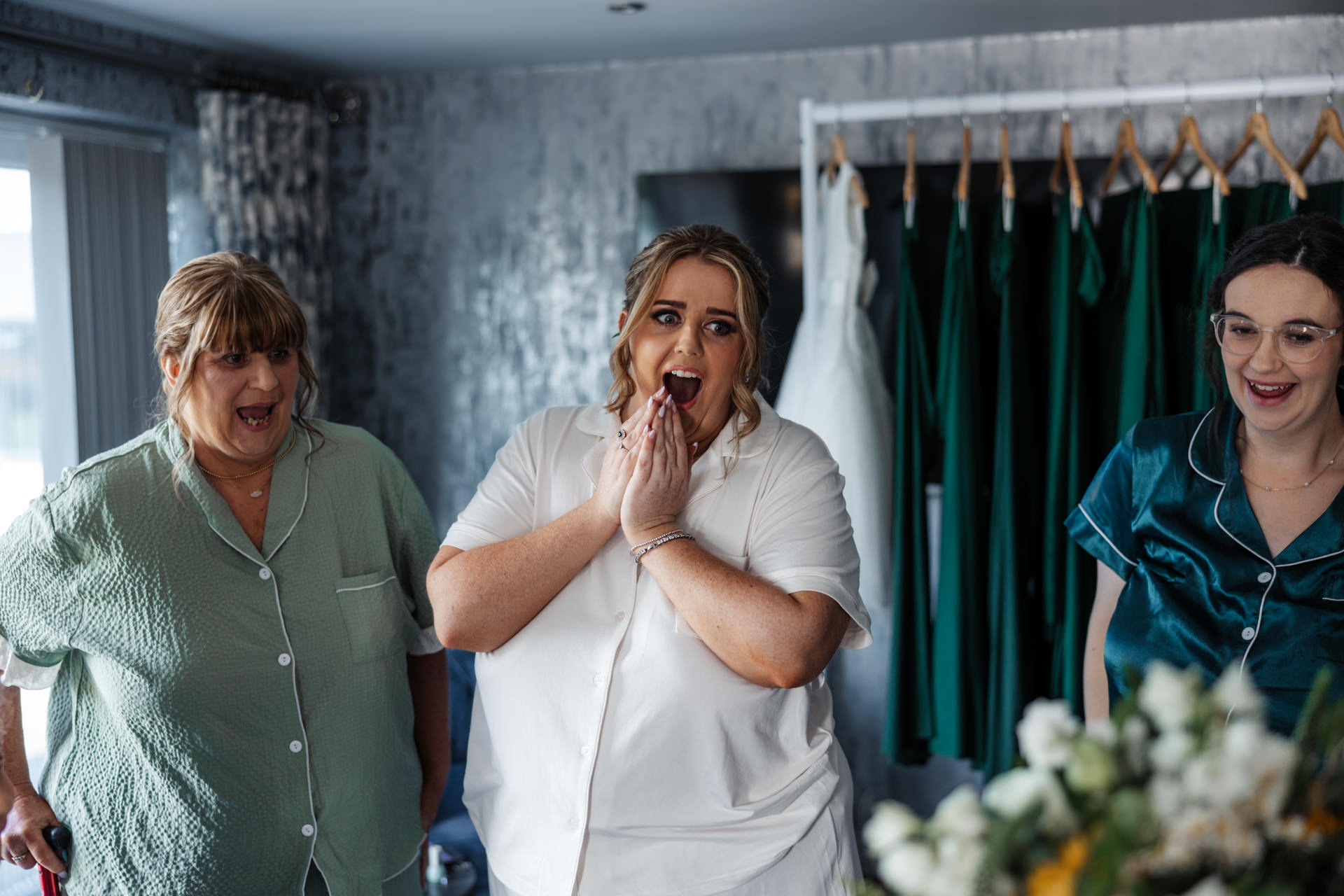 Bride seeing her flowers for the firs time at West Tower wedding venue