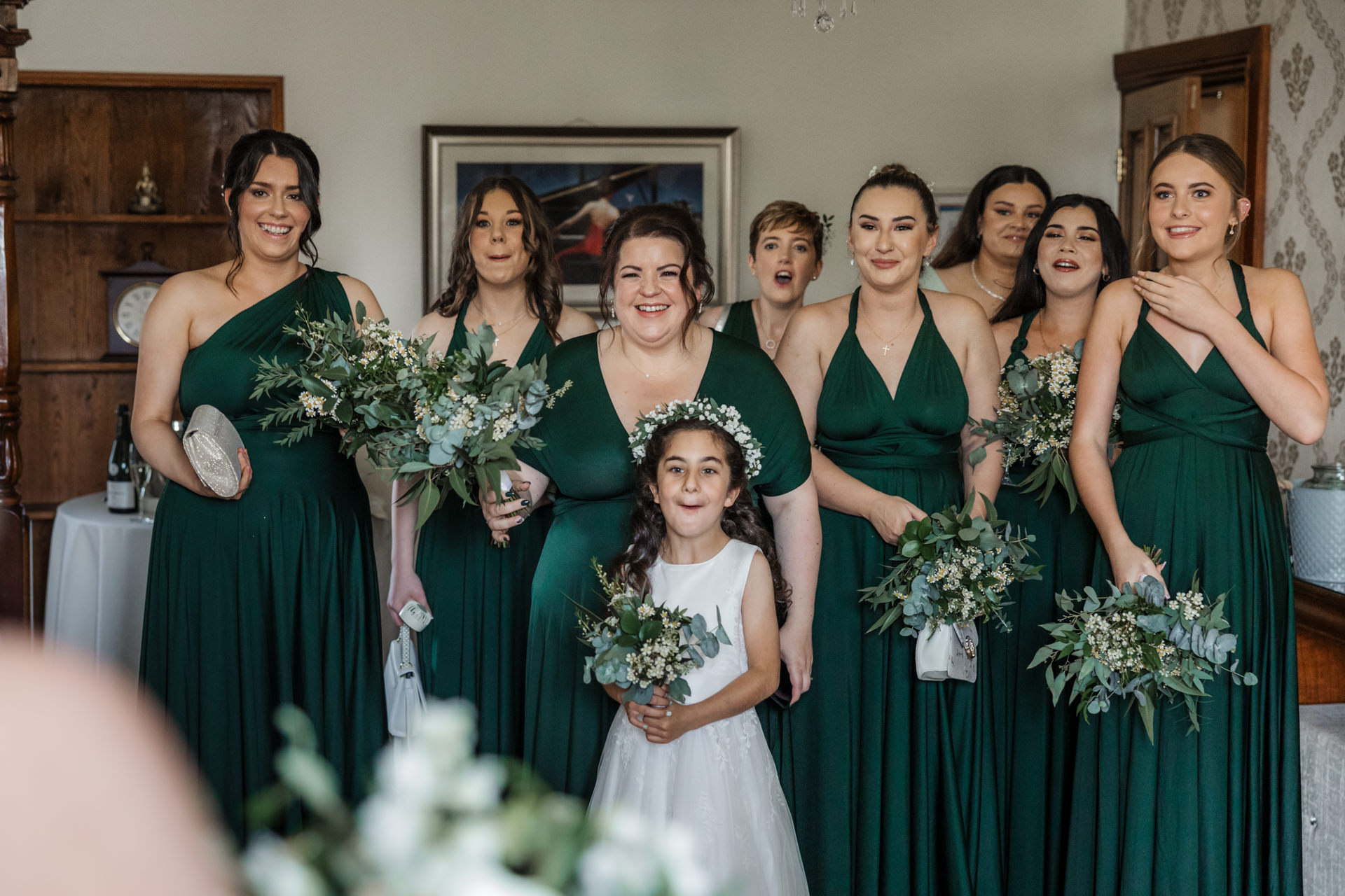 bridesmaid's see bride for the first time in wedding dress at West Tower wedding venue