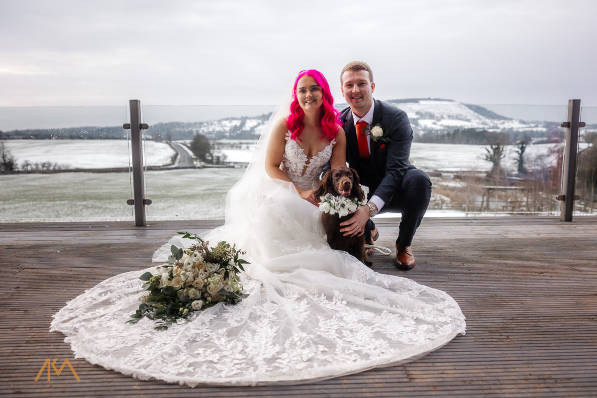 wedding dress groom pet dog Bashall Barn wedding venue