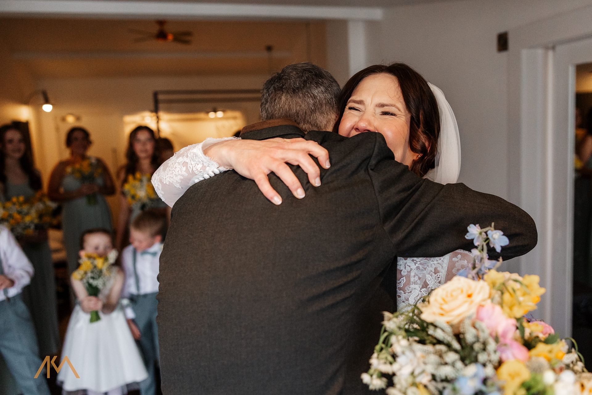 bride hug dad teas bashall barn