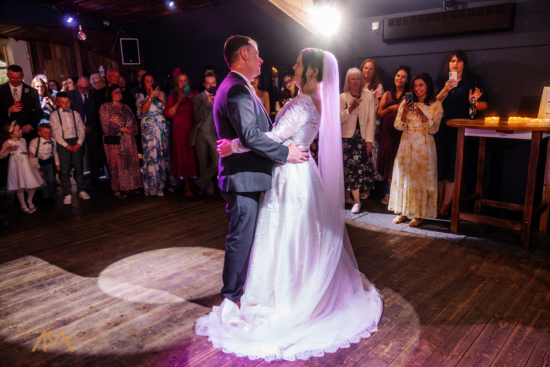 first dance white dress love bride groom bashall barn family friends dancing